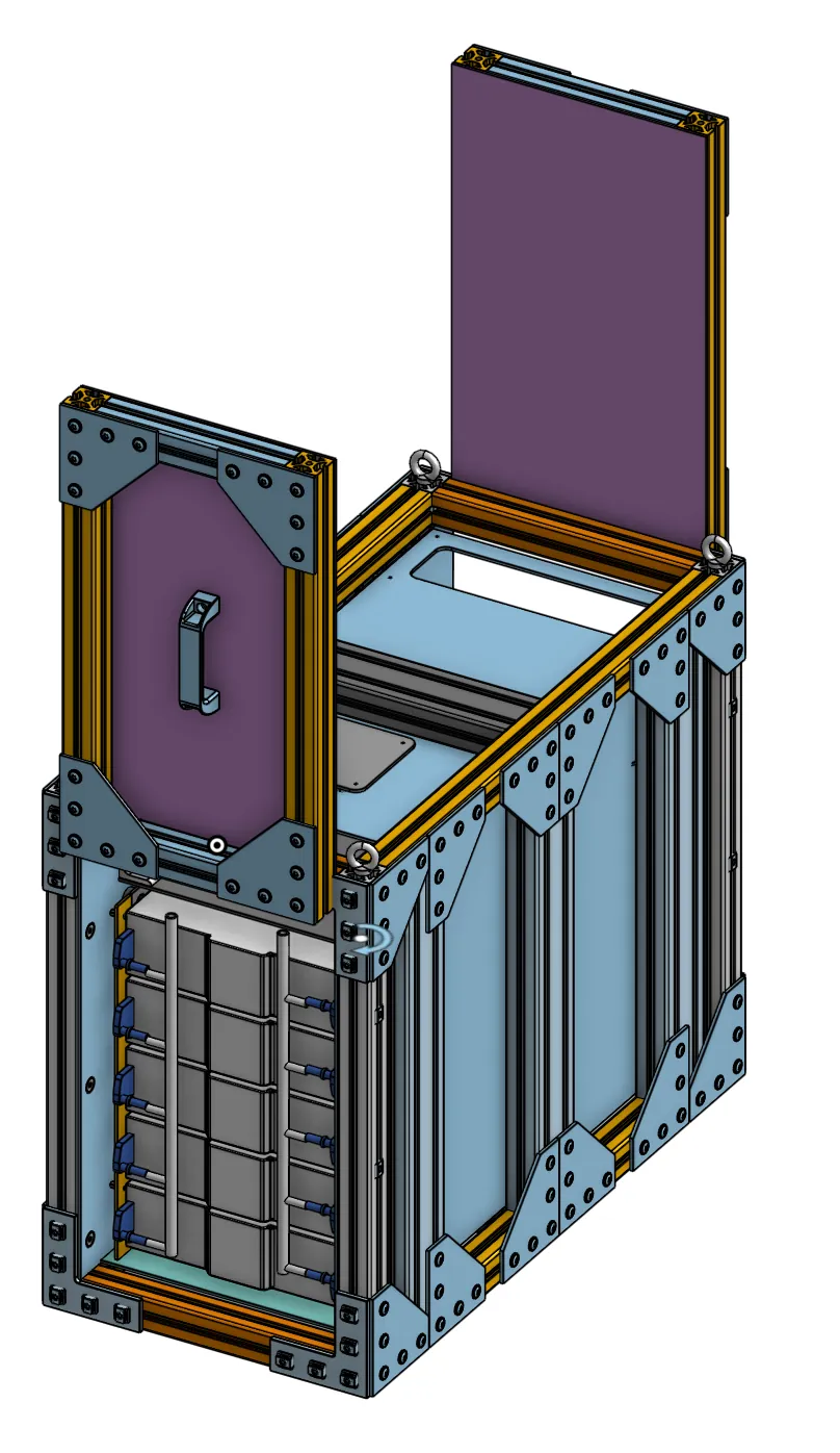 CAD render of an armored battery enclosure on an aluminum extrusion frame, with lifting eyes, open service hatches and stacked battery modules.