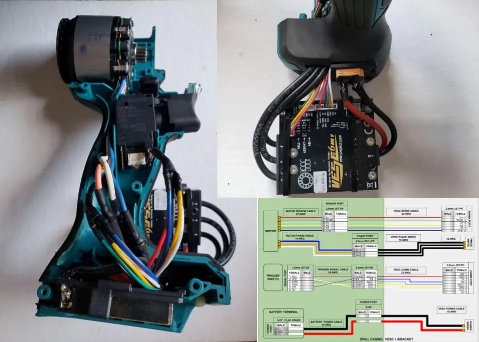 Montage: an opened drill housing with a rewired harness, an external motor controller mounted below the grip, and the harness wiring diagram.