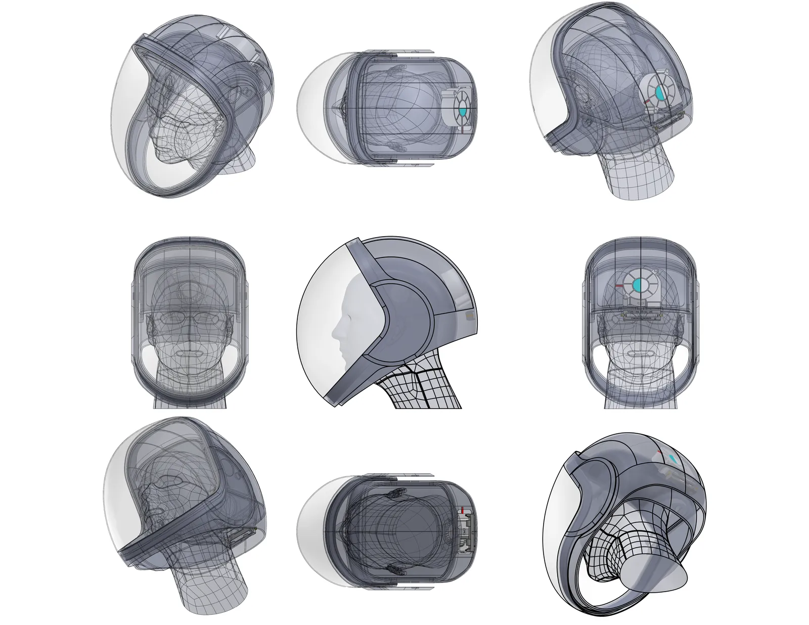 Nine-view CAD x-ray of the respirator helmet on a mannequin head, showing the full-face visor, shell and rear blower module.