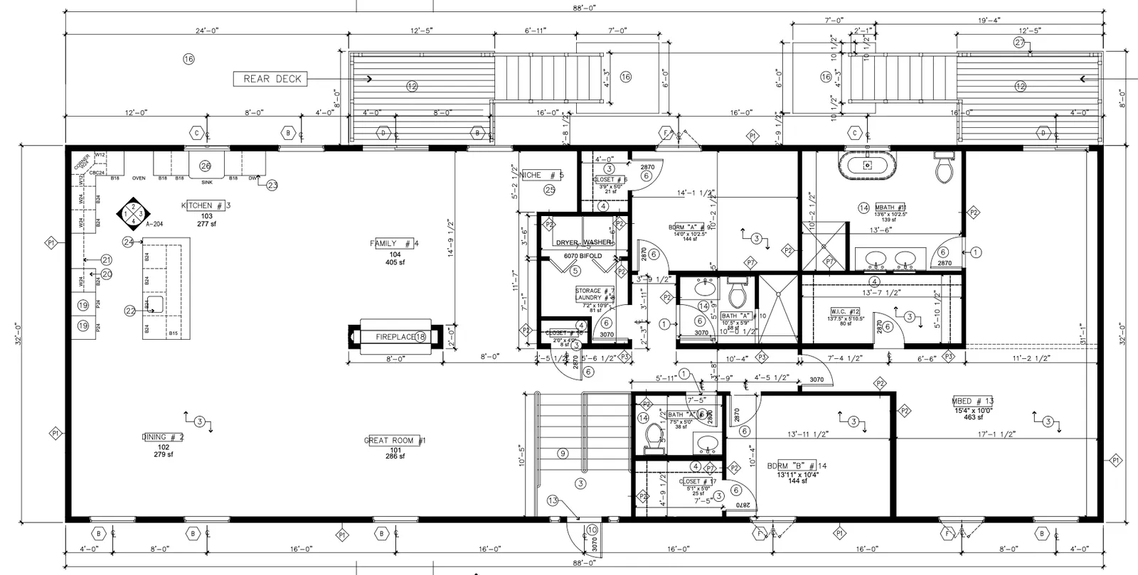 Dimensioned architectural floor plan of the model home: kitchen, great room, dining, bedrooms, baths and rear decks.